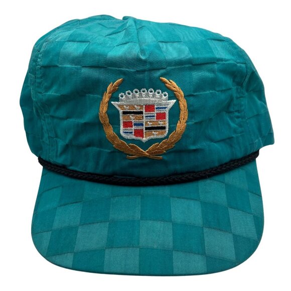 Vintage 90s Cadillac Snapback Hat Cap – Teal Checkered – Rope Trim - Picture 8 of 8
